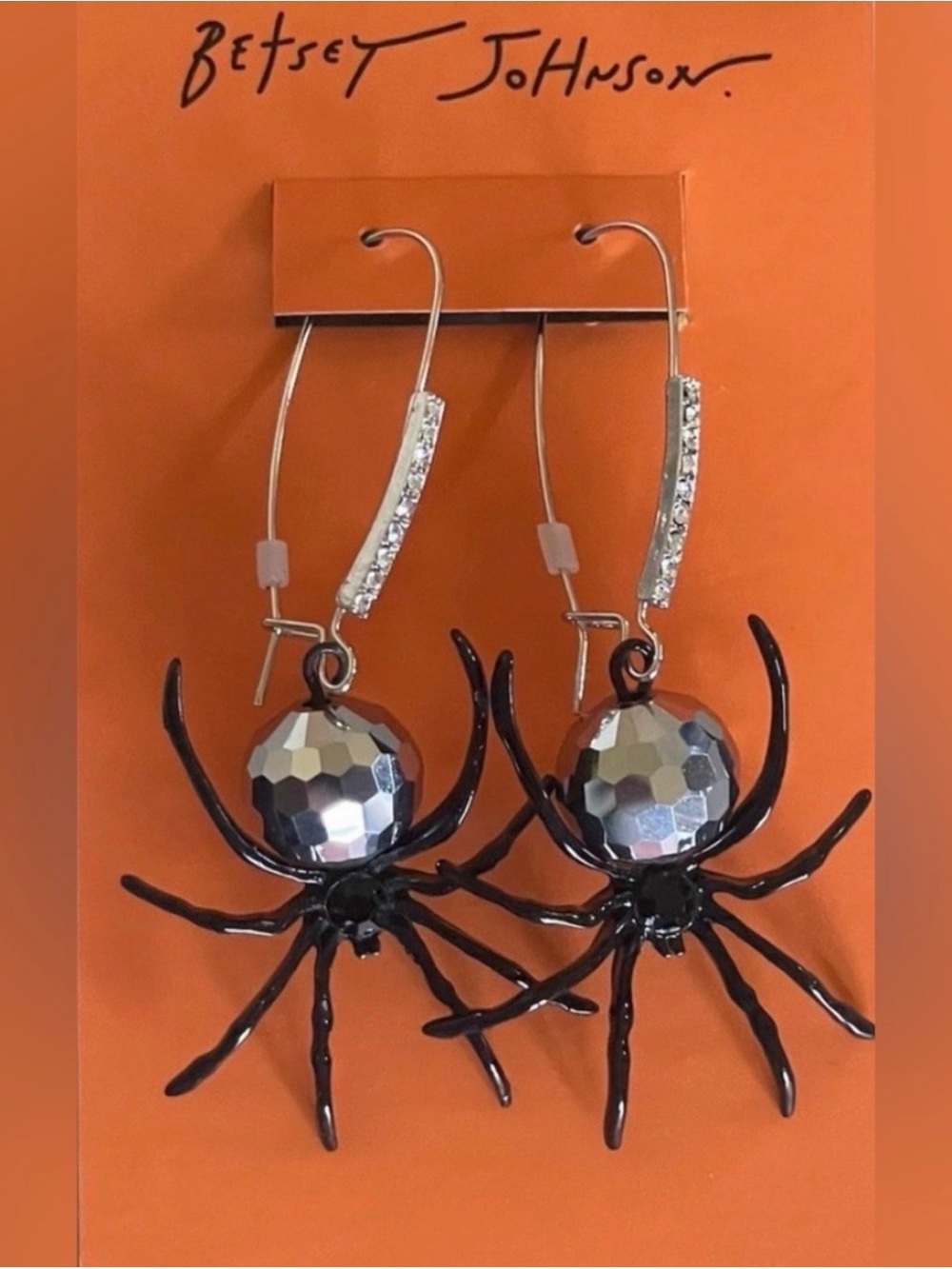 Betsey Johnson Black Spider Drop Earrings with Silver Accents